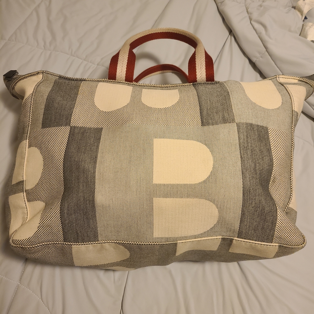 Bally Beige and Gray Tote Bag with Red Handles